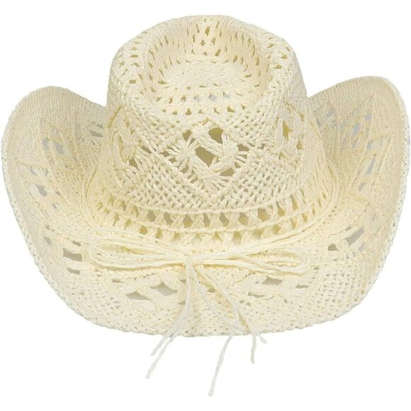 Cream Western Style Beige Cowboy Straw Hat & Rolled Brim One Size Fits Most Plai - Picture 2 of 5